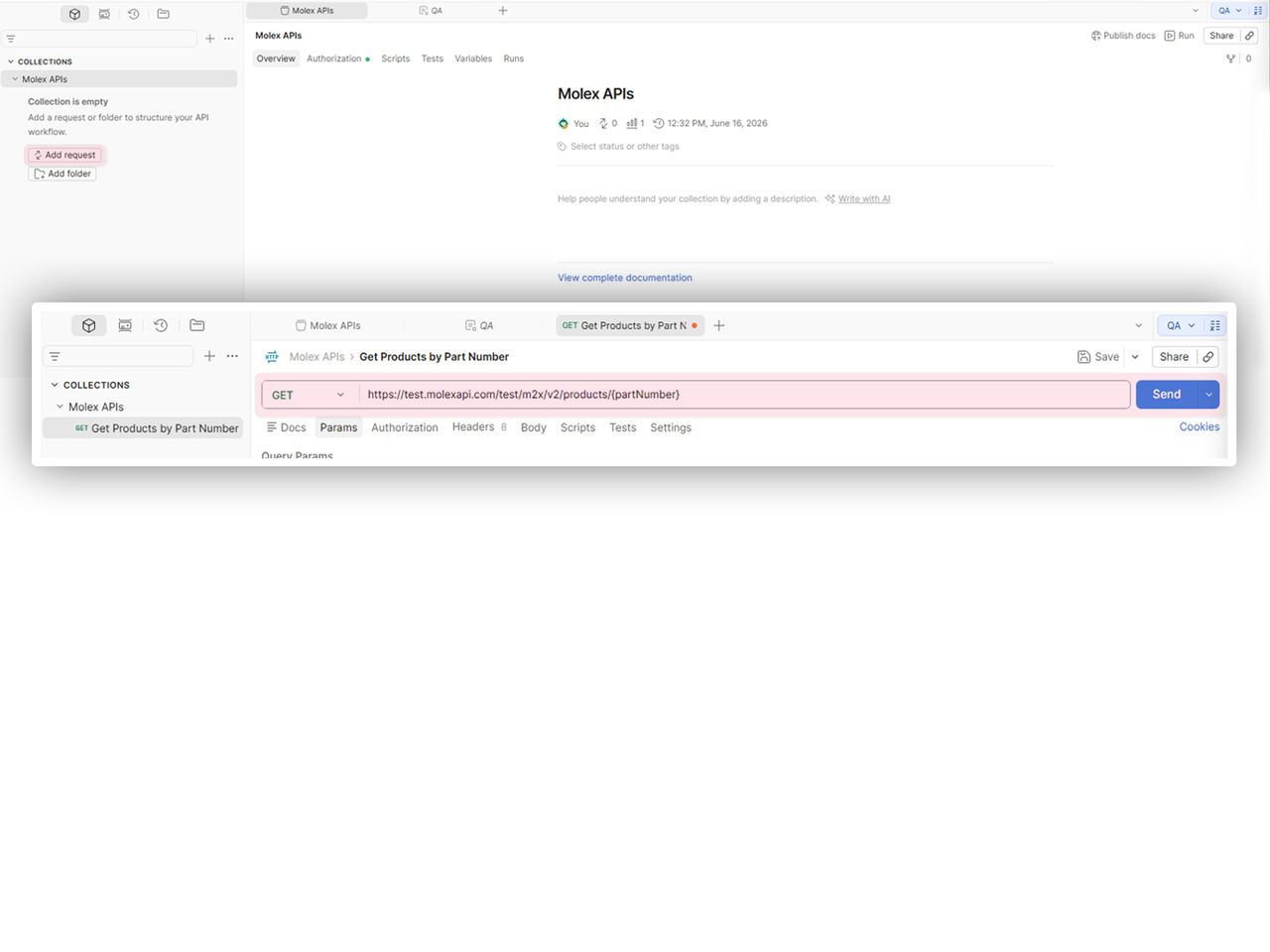 Screen shot showing how to add a request and make your first API call.
