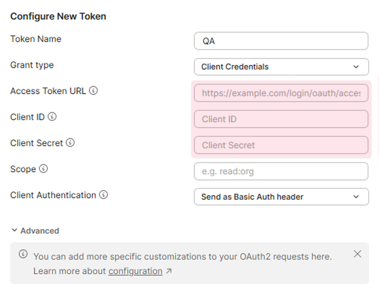Screen shot showing how to configure tokens.